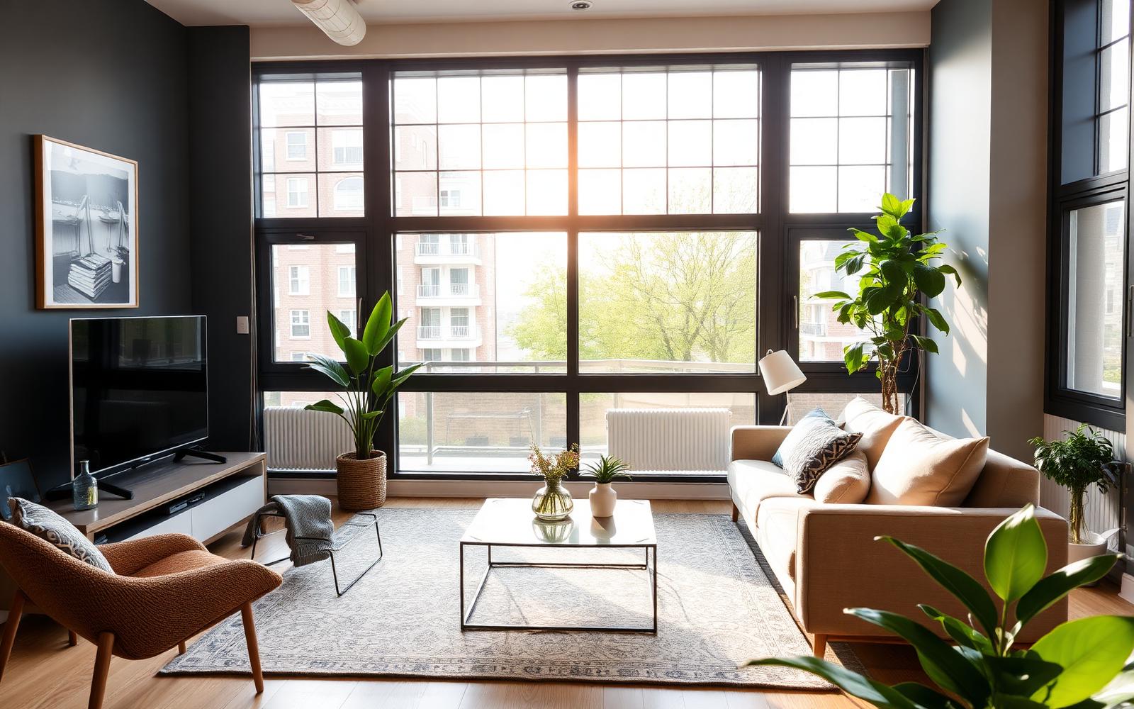 Bright furnished living room with large windows, sofa and plants